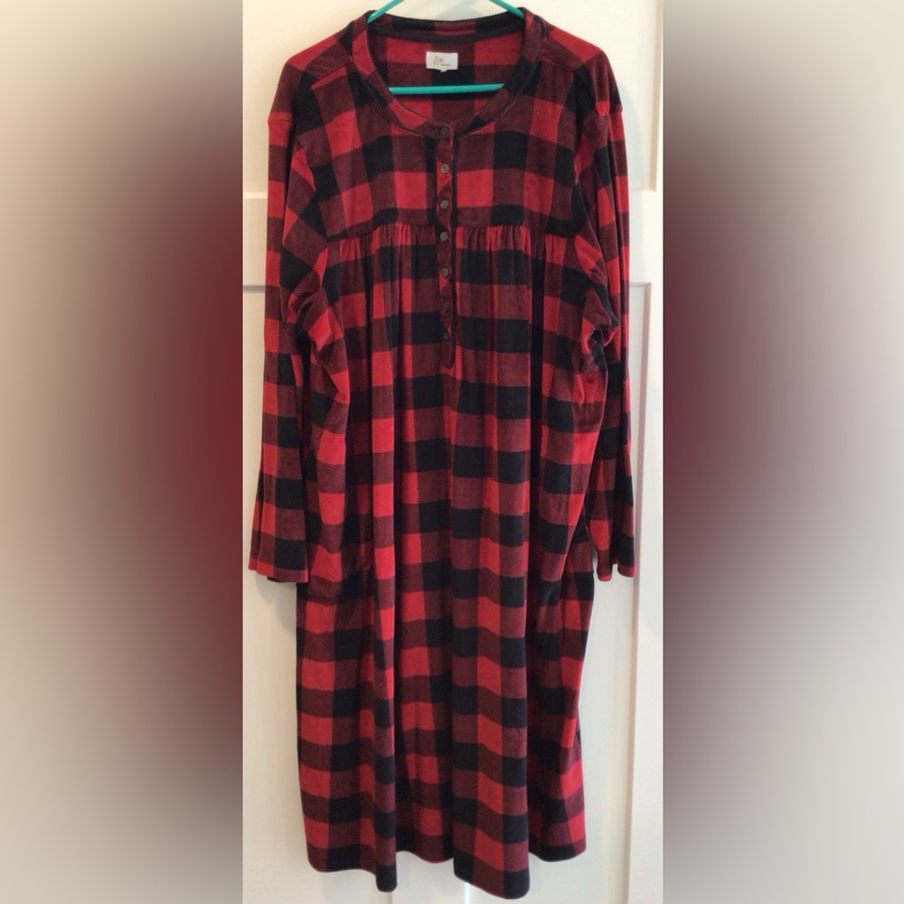 Aria Collection Long Sleeve Nightgown Soft Velour Red Plaid Pockets Prairie 4X